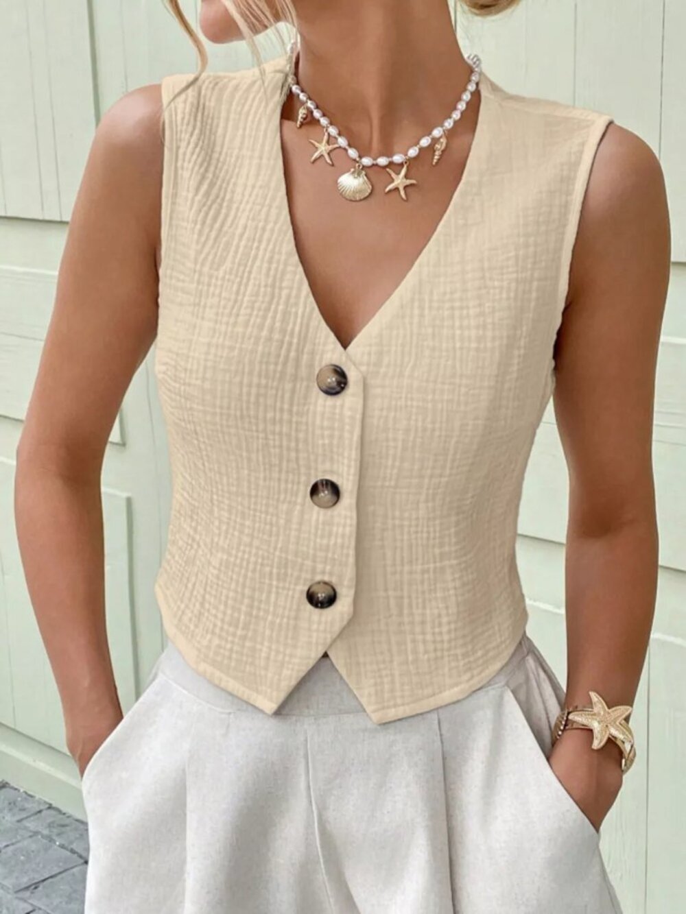 Textured Button-Front Vest - Picture 3 of 14